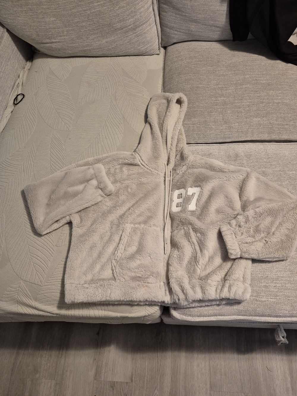 Plush Hooded Zip-Up Jacket - Light Beige